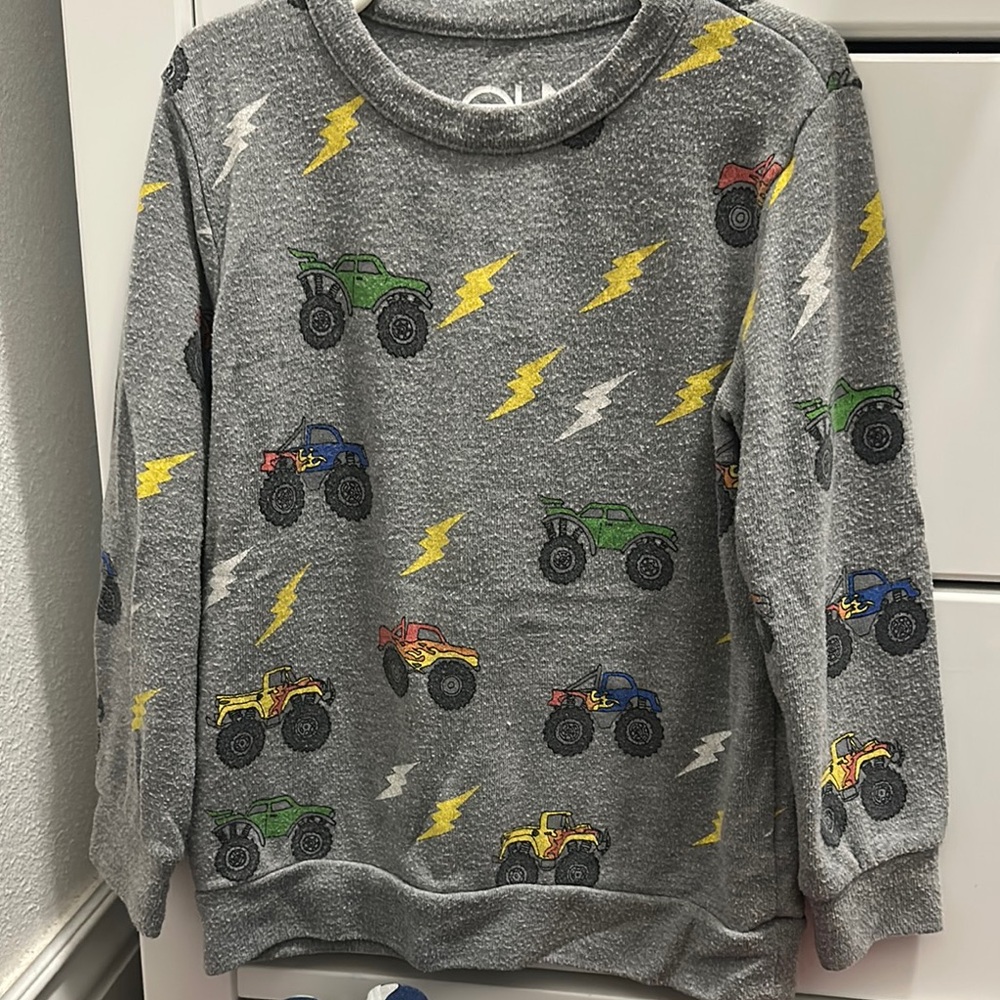 Gray Sweatshirt with Colorful Monster Trucks